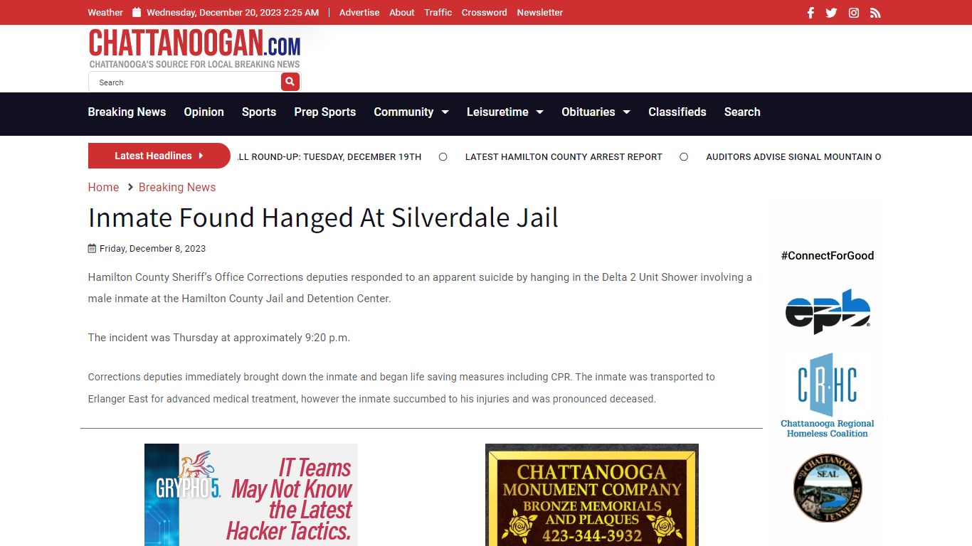 Inmate Found Hanged At Silverdale Jail - Chattanoogan.com